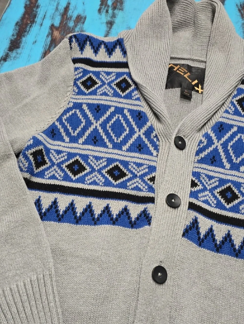 Helix Gray Cardigan Sweater with Blue Pattern